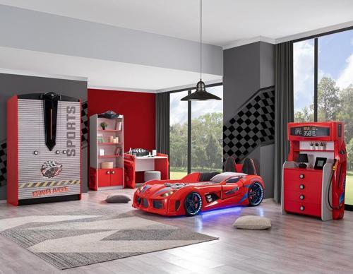 Çocuk Odası - Audi Koltuklu Arabalı Yatak - Sport 3 Kapılı Dolap, Masa, Şifonyer, Kitaplık- Kırmızı