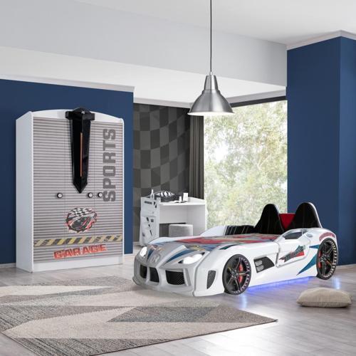 Çocuk Odası - Audi Koltuklu Arabalı Yatak, Sports 3 Kapılı Dolap, Masa - Beyaz