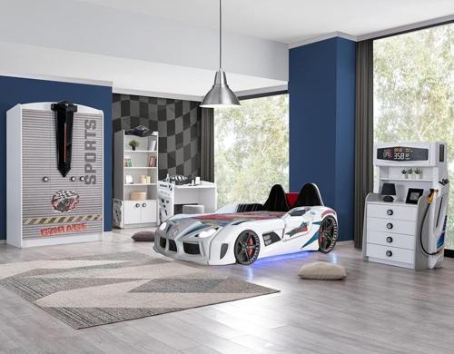Çocuk Odası - Audi Koltuklu Arabalı Yatak, Sports 3 Kapılı Dolap, Masa, Şifonyer, Kitaplık - Beyaz