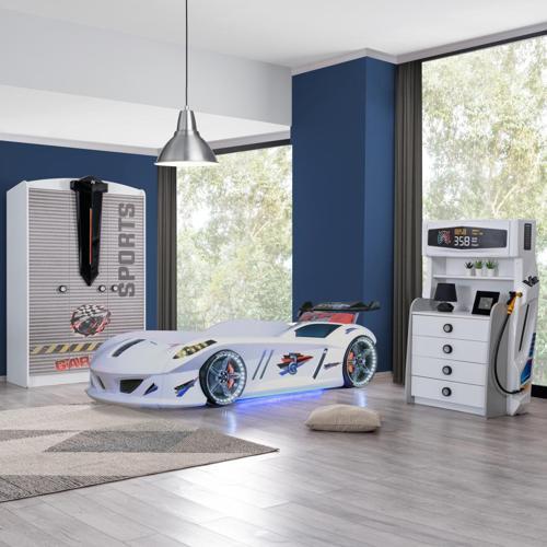Çocuk Odası - Jaguar Rüzgarlıklı Arabalı Yatak, Sports 3 Kapılı Dolap, Şifonyer - Beyaz