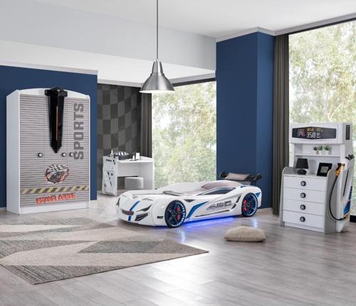 Çocuk Odası - Mercedes Rüzgarlıklı Arabalı Yatak, Sports 3 Kapılı Dolap, Masa, Şifonyer - Beyaz