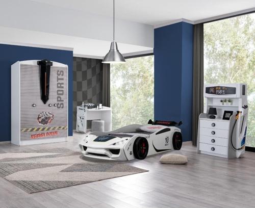 Çocuk Odası - Vento Arabalı Yatak - Sport 3 Kapılı Dolap, Masa, Şifonyer - Beyaz