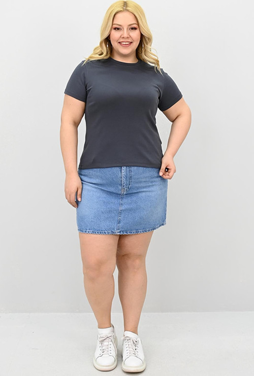 Kadın Büyük Beden Kısa Kollu Bisiklet Yaka Basic T-shirt 1965-25