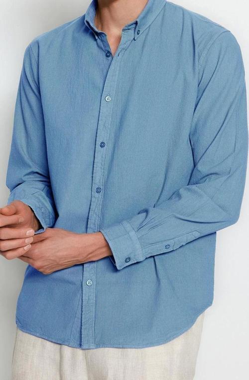 Moda Erkek Gömlek Yaka Düz Desen Günlük Mavi Unisex Regular Fit %100 Pamuk Keten Görünümlü Gömlek