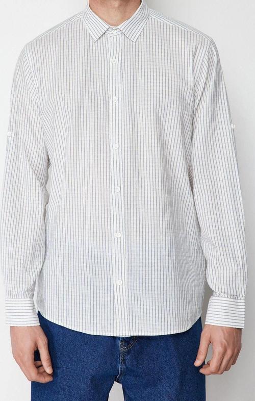 Moda Erkek Gömlek Yaka Çizgili Desen Günlük Regular Fit Keten Karışımlı Çizgili Gömlek