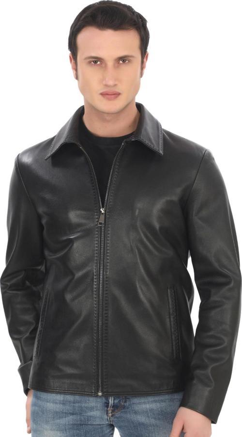 Erkek Hakiki Kuzu Derisi Ceket Şık Siyah Fermuarlı Deri Mont Klasik Düz Yaka El Yapımı Deri Ceket