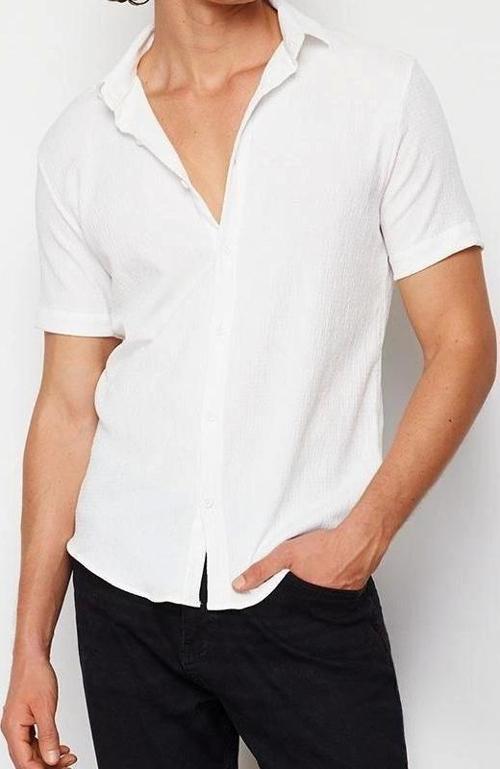 Erkek Moda Kısa Kol Örme Siyah Regular Fit Kısa Kol Yazlık Dokulu Örme Gömlek