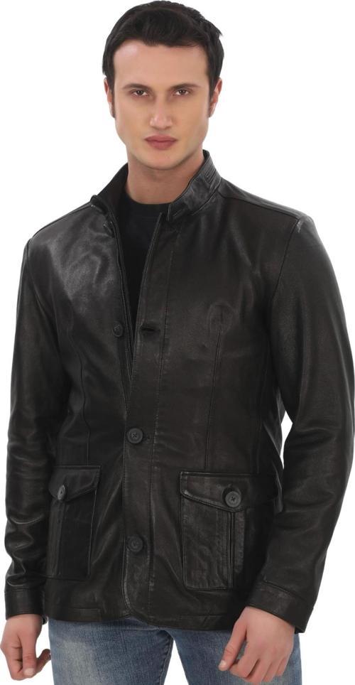 Erkek Hakiki Kuzu Derisi Ceket Siyah Şık ve Klasik Deri Mont Düğmeli ve Fermuarlı Modern Tasarım