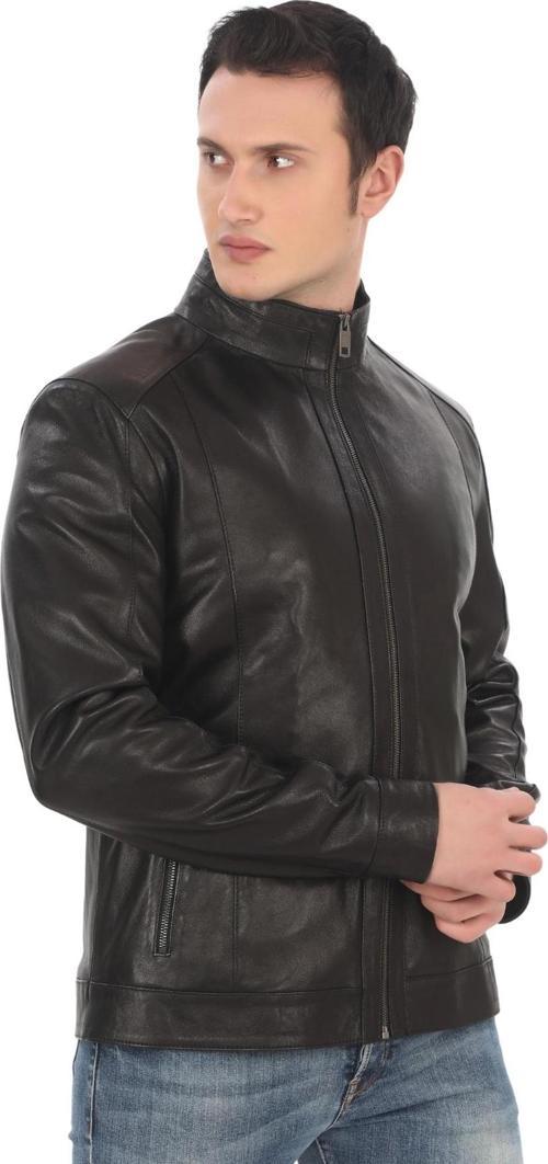 Erkek Hakiki Kuzu Derisi Mont Slim Fit Siyah Biker Ceket Fermuarlı Dik Yaka Deri Dış Giyim