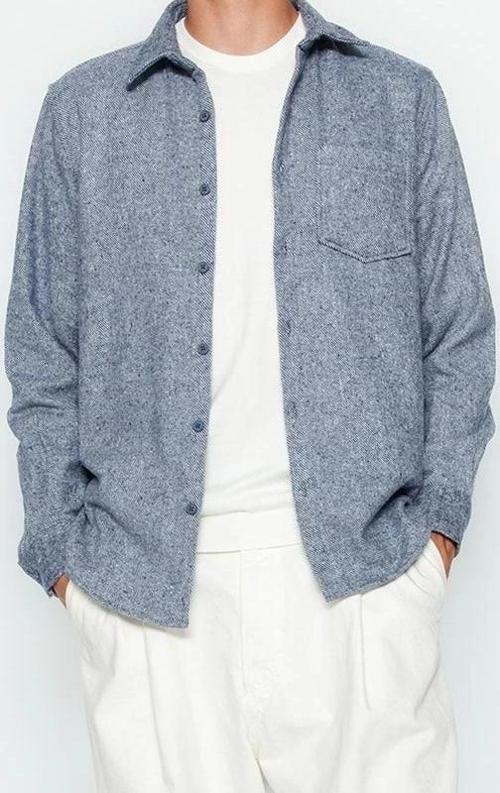 Moda Erkek Gömlek Yaka Düz Desen Günlük İndigo Regular Fit Diagonel Desen Dokulu Kalın Kışlık Gömlek