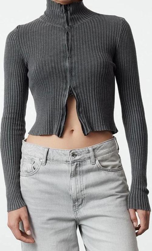 Kadın Modern Tarz Slim Dik Yaka Crop Triko Hırka