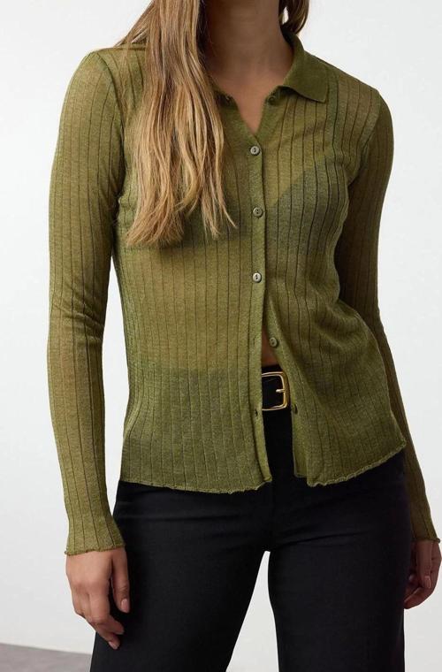 Kadın Modern Tarz Slim Polo Yaka Regular Triko Hırka