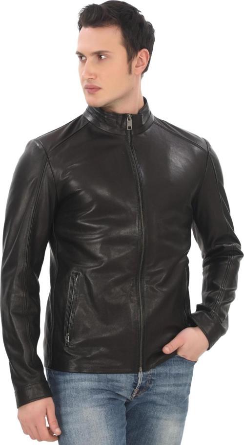 Erkek Hakiki Kuzu Derisi Ceket Slim Fit Siyah Fermuarlı Deri Mont Tarz Şık ve Modern Tasarım