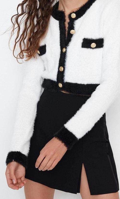 Kadın Modern Tarz Slim Bisiklet Yaka Crop Triko Hırka
