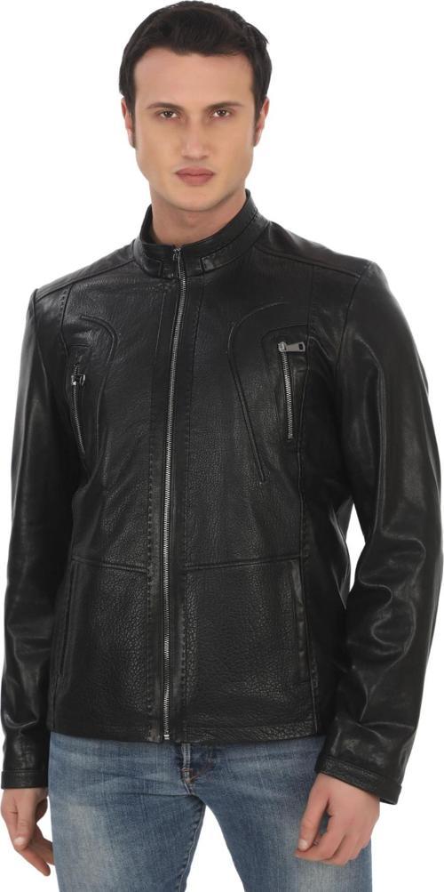 Erkek Hakiki Derimont Siyah Kuzu Derisi Ceket Fermuarlı Cepli El Yapımı Motorcu Tarzı Slim Fit