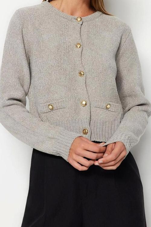 Kadın Modern Tarz Regular Bisiklet Yaka Crop Triko Hırka