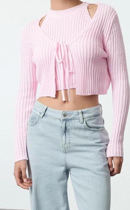 Kadın Modern Tarz Slim V Yaka Crop Triko Hırka