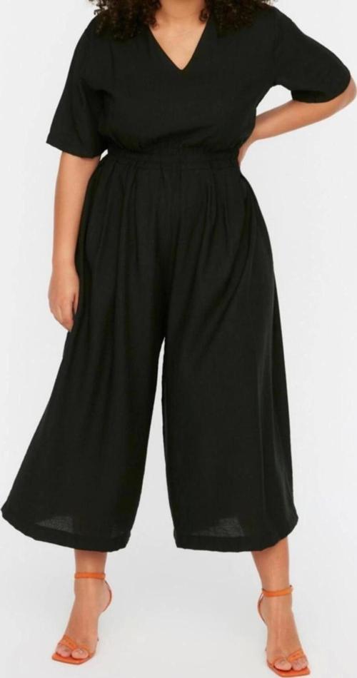 Büyük Beden Kadın Moda Standart Kol Geniş Paça V Yaka Düz Desen Uzun Bel Detaylı Tulum