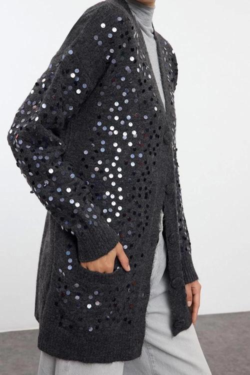 Kadın Modern Tarz Regular V Yaka Midi Triko Hırka