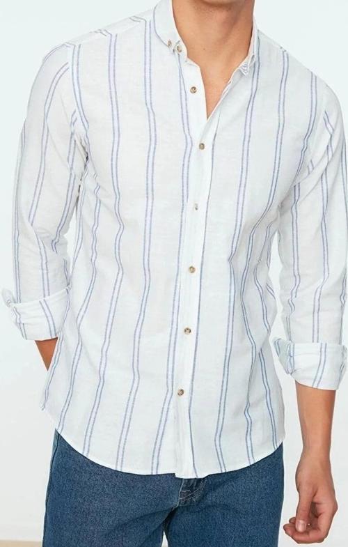 Moda Erkek Düğmeli Yaka Çizgili Desen Günlük İnce Çizgili Gömlek