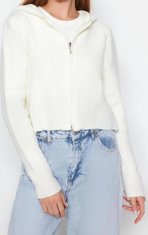 Kadın Modern Tarz Regular Kapüşonlu Crop Triko Hırka