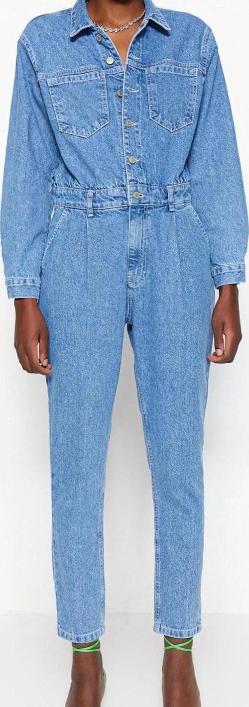 Kadın Moda Standart Kol Boru Paça Gömlek Yaka Düz Desen Uzun Bel Detaylı Denim Tulum