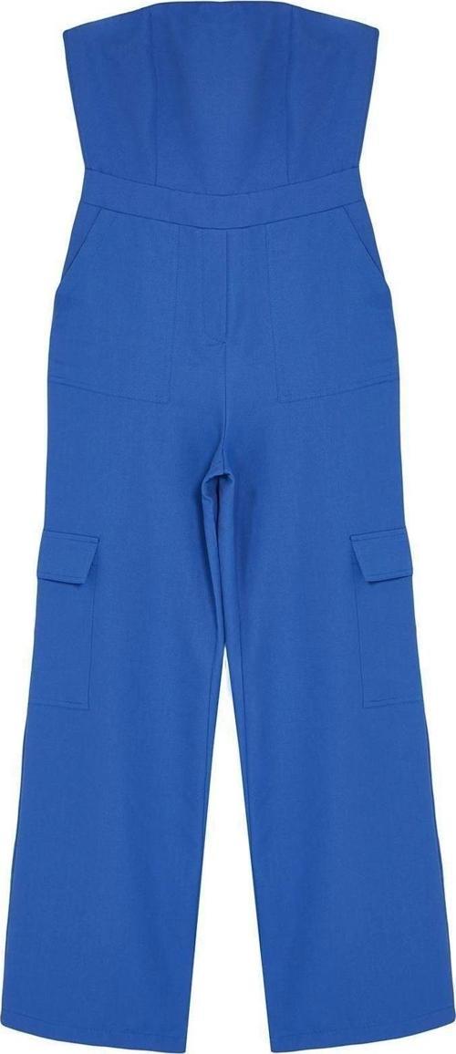 Kadın Moda Standart Kol Geniş Paça Straplez Uzun Kargo Cepli Straplez Yaka Maxi Dokuma Tulum