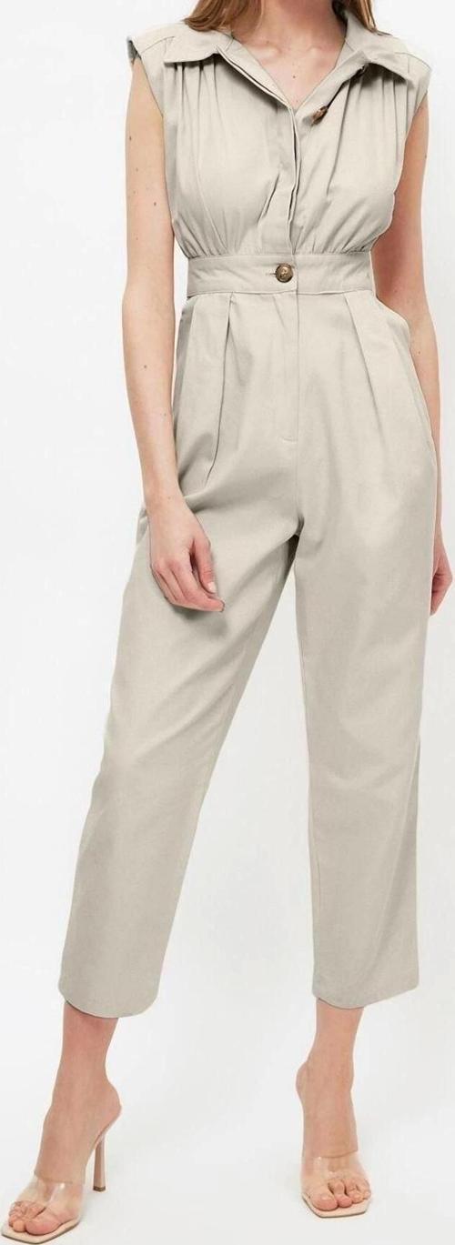Kadın Moda Standart Kol Geniş Paça Gömlek Yaka Maxi Gömlek Yaka Kolsuz Gabardin Dokuma Tulum