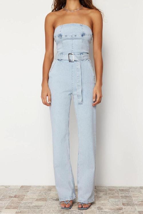 Kadın Moda Standart Kol Geniş Paça Straplez Düz Desen Regular Kemerli Straplez Denim Tulum