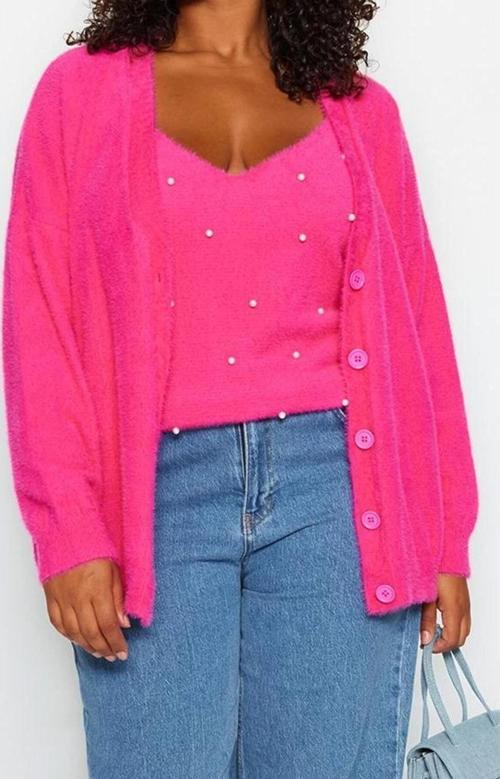 Büyük Beden Kadın Modern Tarz Rahat Uzun V Yaka Düz Kol Regular Triko Takım