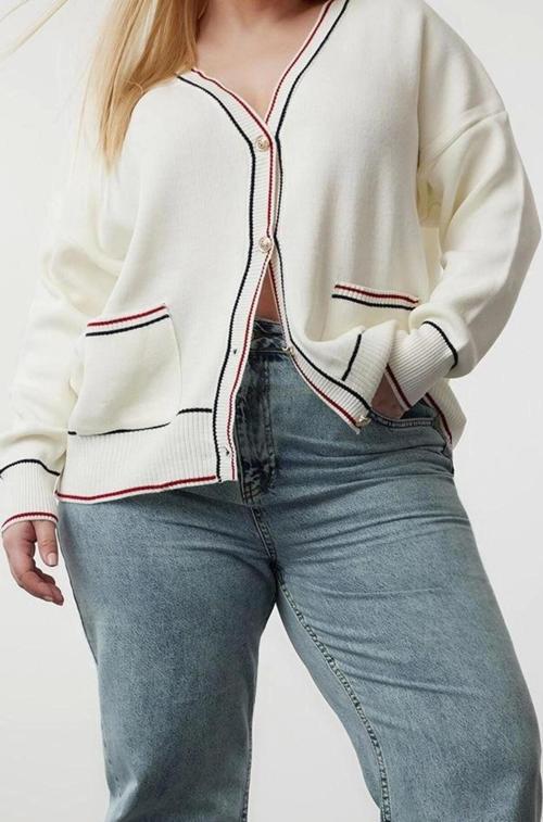 Büyük Beden Kadın Modern Tarz Rahat Uzun V Yaka Çizgili Kol Regular Triko Hırka