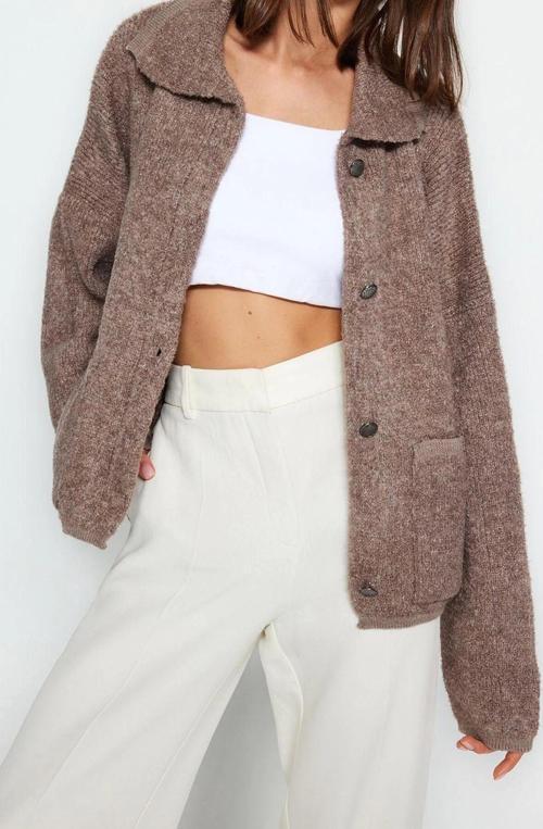 Kadın Modern Tarz Oversize Polo Yaka Regular Triko Hırka
