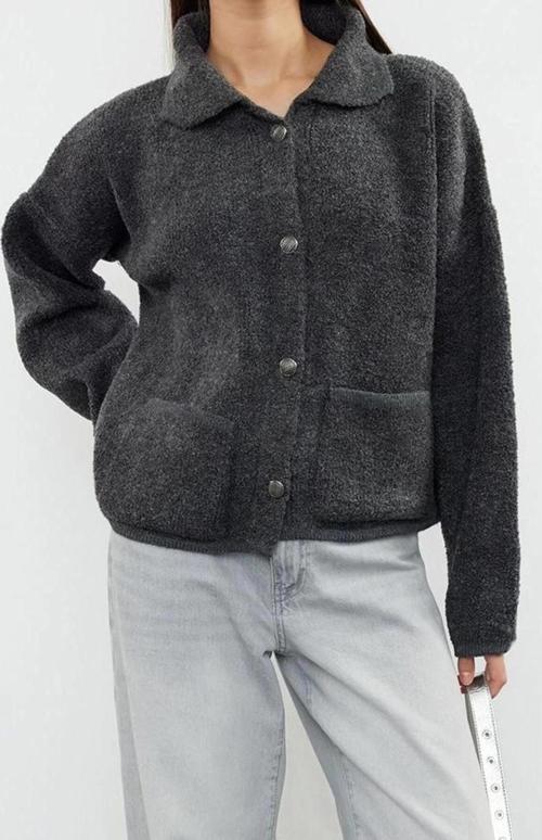 Kadın Modern Tarz Oversize Polo Yaka Regular Triko Hırka