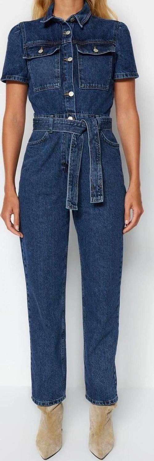 Kadın Moda Standart Kol Boru Paça Ceket Yaka Düz Desen Uzun Kemerli Denim Tulum