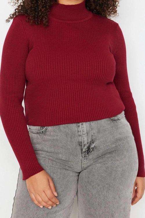 Büyük Beden Kadın Modern Tarz Rahat Uzun Yarım Balıkçı Yaka Düz Kol Regular Triko Kazak