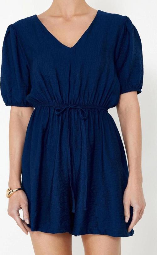 Kadın Moda Standart Kol Geniş Paça V Yaka Kısa Beli Lastikli Keten Görünümlü Mini Dokuma Tulum