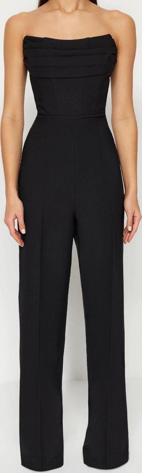 Kadın Moda Standart Kol Geniş Paça Straplez Düz Desen Regular Korse Detaylı Dokuma Tulum