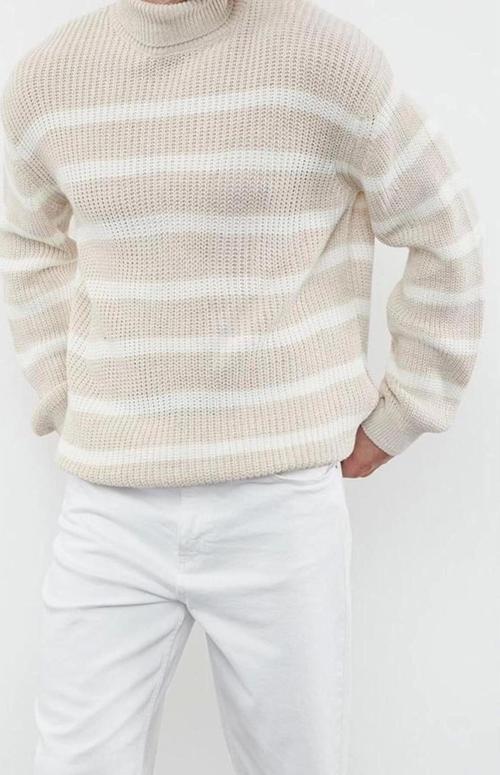 Stil Modern Unisex Regular Düşük Kol Balıkçı Yaka Casual Unisex Fit Geniş Kalıp Çizgili Triko Kazak