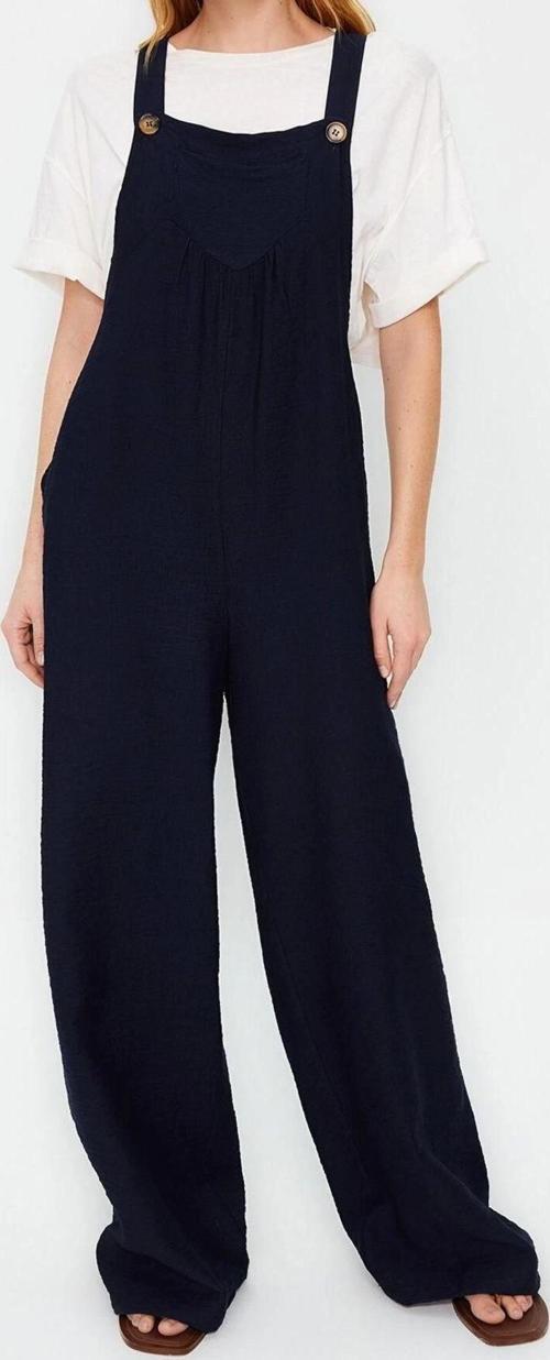 Kadın Moda Standart Kol Geniş Paça Kare Yaka Uzun Jile Form Keten Görünümlü Bol Paça Dokuma Tulum