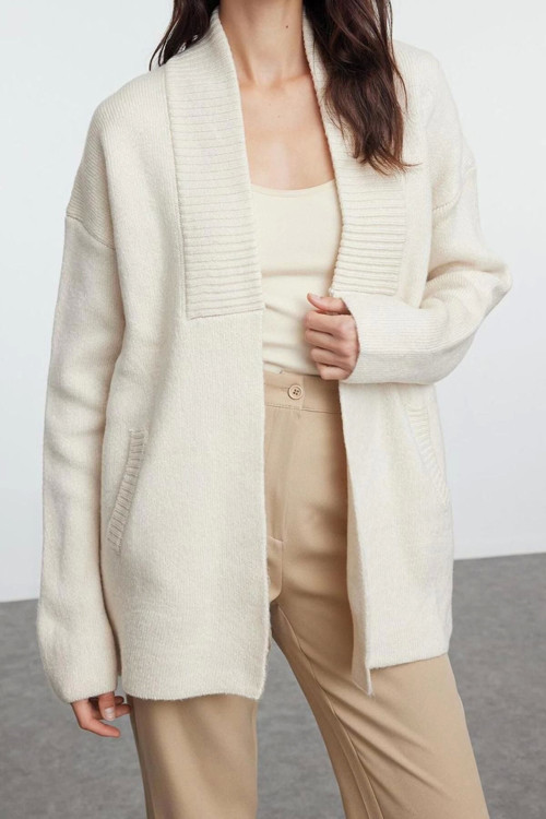 Kadın Modern Tarz Oversize Şal Yaka Midi Triko Hırka