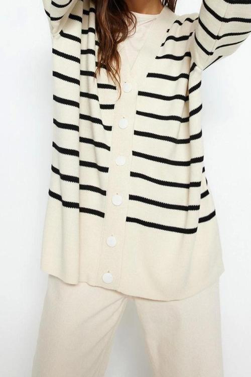 Kadın Modern Tarz Rahat Uzun V Yaka Çizgili Kol Regular Triko Hırka