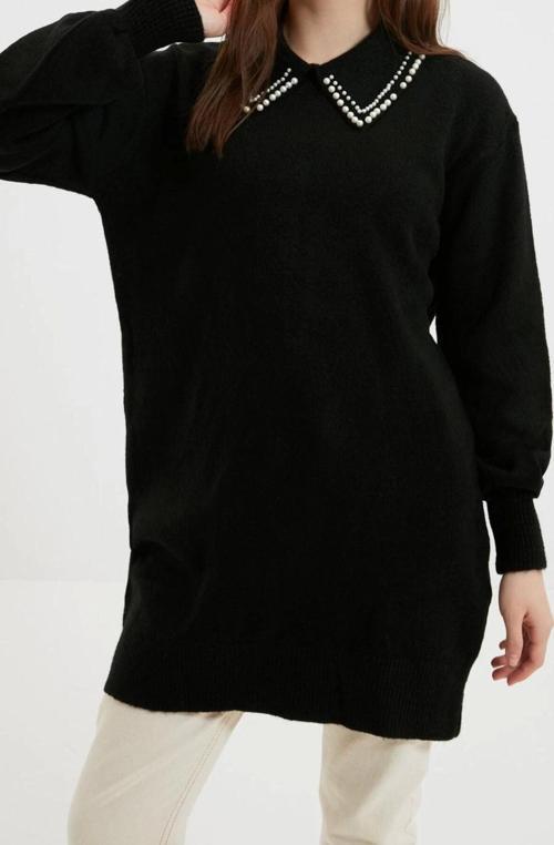 Stil Modern Kadın Midi Balon Kol Polo Yaka Tesettür Bebe Yaka İncili Yumuşak Triko Kazak