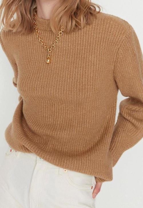 Kadın Modern Tarz Rahat Uzun Bisiklet Yaka Dokulu Kol Regular Triko Kazak