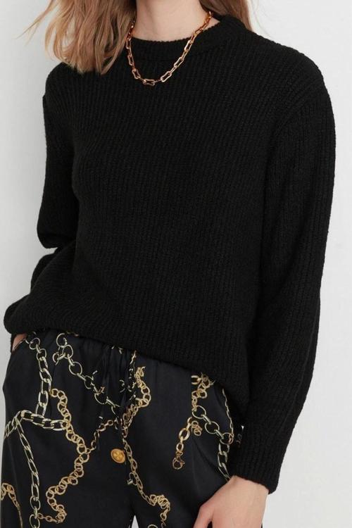 Kadın Modern Tarz Rahat Uzun Bisiklet Yaka Dokulu Kol Regular Triko Kazak