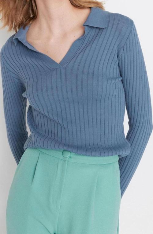 Kadın Modern Tarz Rahat Uzun Polo Yaka Düz Kol Regular Triko Kazak