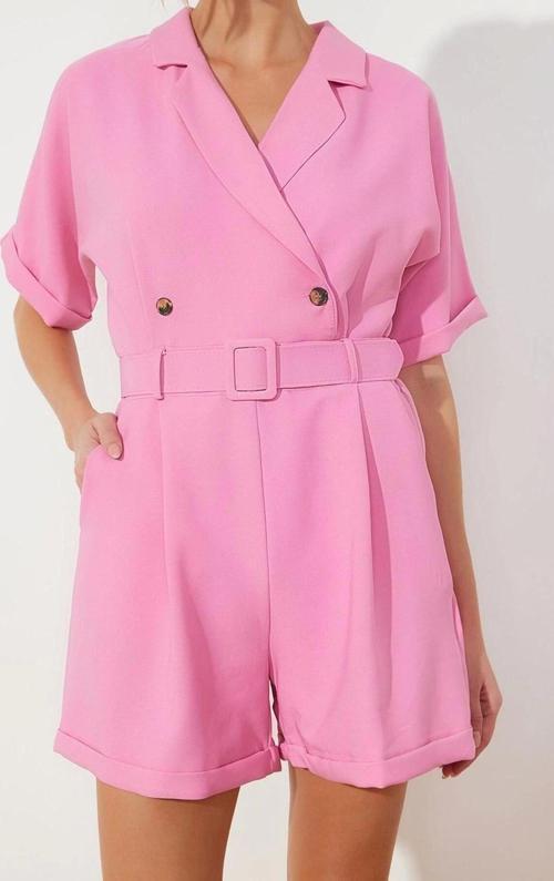 Kadın Moda Standart Kol Geniş Paça Kruvaze Düz Desen Kısa Kemerli Kurvaze Yaka Mini Dokuma Tulum