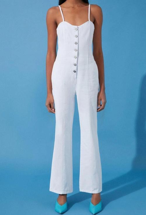 Kadın Moda İnce Askılı Boru Paça V Yaka Düz Desen Uzun Askılı Kalp Yaka Wide Leg Denim Tulum