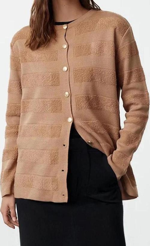 Kadın Modern Tarz Rahat Uzun Bisiklet Yaka Dokulu Kol Regular Triko Hırka