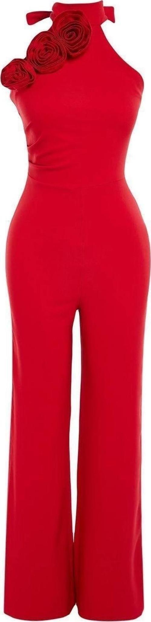 Kadın Moda Standart Kol Geniş Paça Halter Yaka Düz Desen Uzun Gül Detaylı Dokuma Tulum
