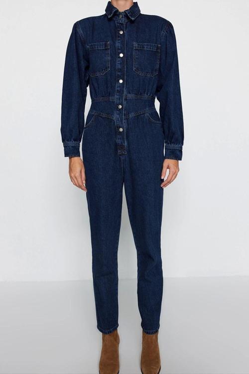 Kadın Moda Standart Kol Dar Paça Ceket Yaka Düz Desen Uzun Balon Kollu Denim Tulum
